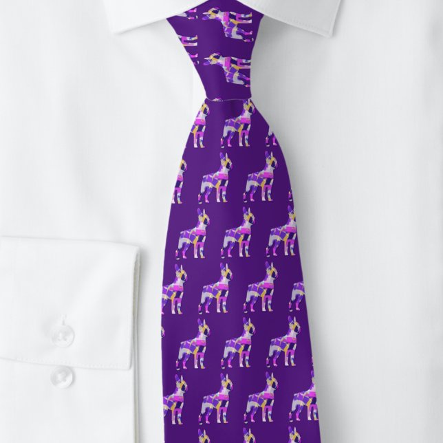Boston Terrier Dog Silhouette Purple Dark Neck Tie (Boston terrier colourful silhouette pattern purple tie)