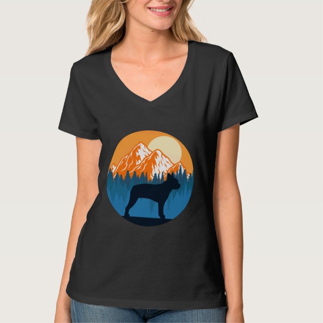 Boston Terrier Dog Silhouette Sunset Mountain Fore T-Shirt (Front)