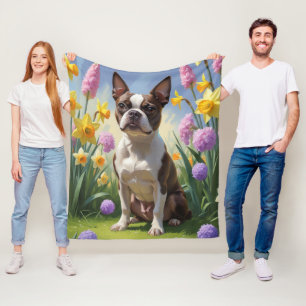 Boston Terrier Dog Spring Flowers Painting Fleece Blanket