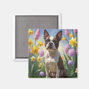 Boston Terrier Dog Spring Flowers Painting Magnet