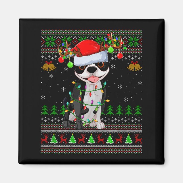 Boston Terrier Dog Ugly Christmas Sweater Holiday  Magnet (Front)