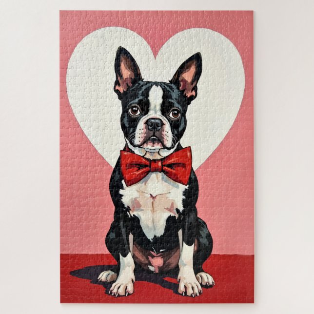 Boston Terrier Dog Valentine's Day Crimson Bow Jigsaw Puzzle (Vertical)