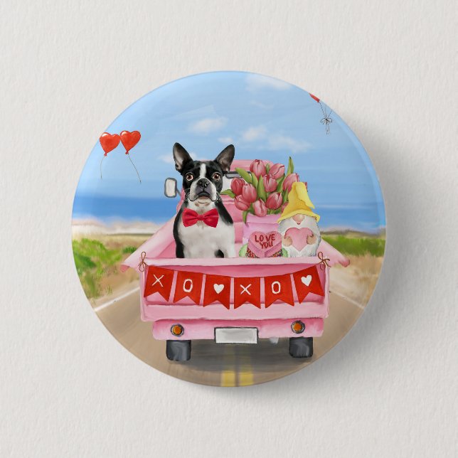 Boston Terrier Dog Valentine's Day Truck Hearts 6 Cm Round Badge (Front)