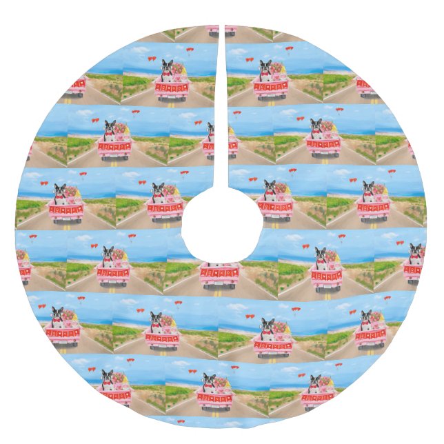 Boston Terrier Dog Valentine's Day Truck Hearts Brushed Polyester Tree Skirt (Front)