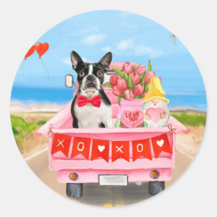 Boston Terrier Dog Valentine's Day Truck Hearts Classic Round Sticker
