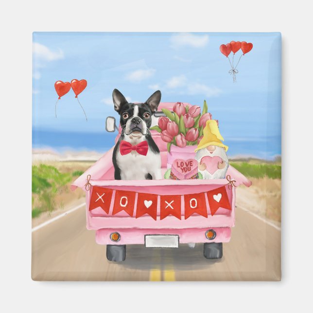 Boston Terrier Dog Valentine's Day Truck Hearts Magnet (Front)