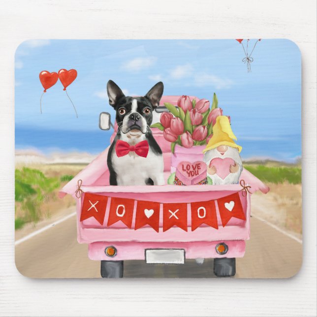 Boston Terrier Dog Valentine's Day Truck Hearts Mouse Pad (Front)