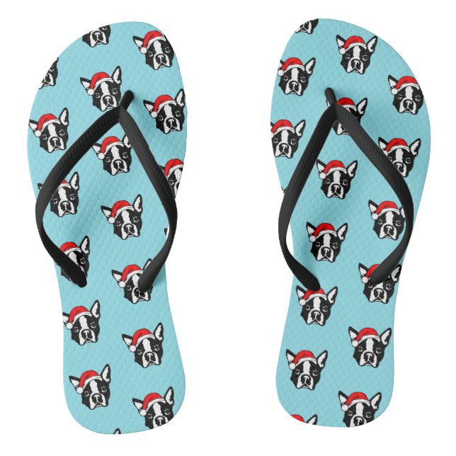Boston Terrier Dog W Christmas Santa Hat Pattern Jandals (Footbed)