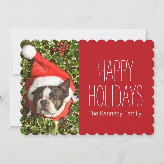 Boston Terrier dog wearing a Christmas wreath Holiday Card (Front)