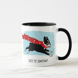 Boston Terrier Dog Wearing Red Scarf Let it Snow Mug
