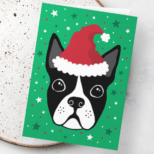 Boston terrier dog wearing Santa hat Christmas Card
