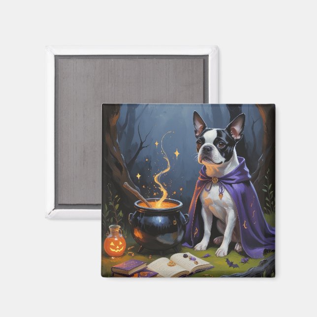 Boston Terrier Dog Whimsical Halloween Painting Magnet (Front/Back)