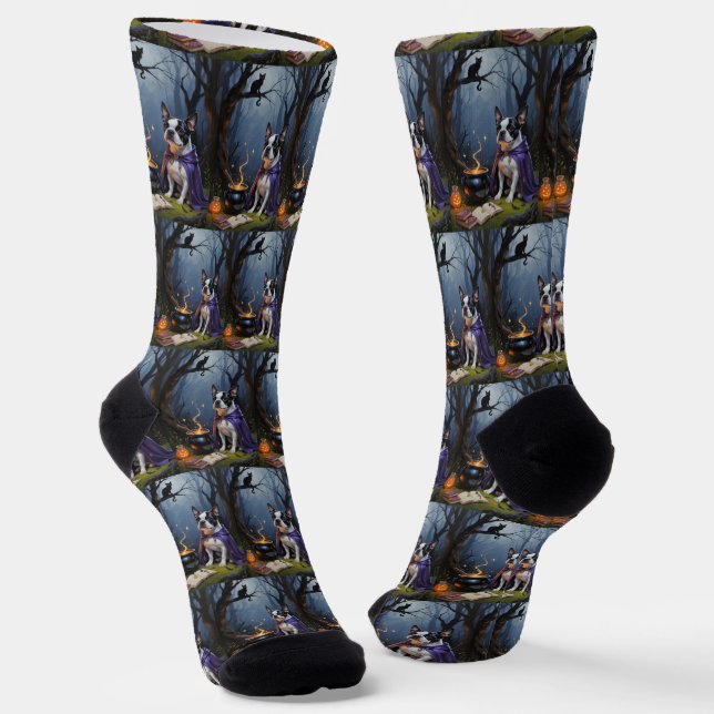 Boston Terrier Dog Whimsical Halloween Painting Socks (Angled)