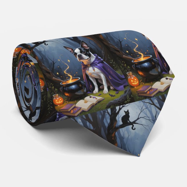Boston Terrier Dog Whimsical Halloween Painting Tie (Rolled)