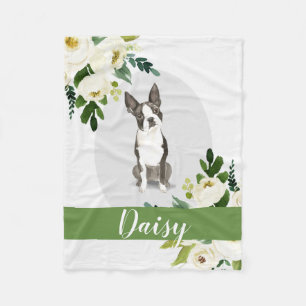 Boston Terrier Dog white personalised watercolor Fleece Blanket