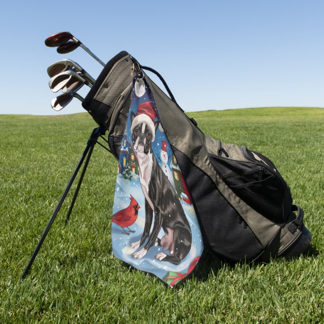 Boston Terrier Dog Winter Wonderland Christmas Joy Golf Towel (Green)