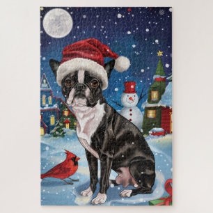 Boston Terrier Dog Winter Wonderland Christmas Joy Jigsaw Puzzle