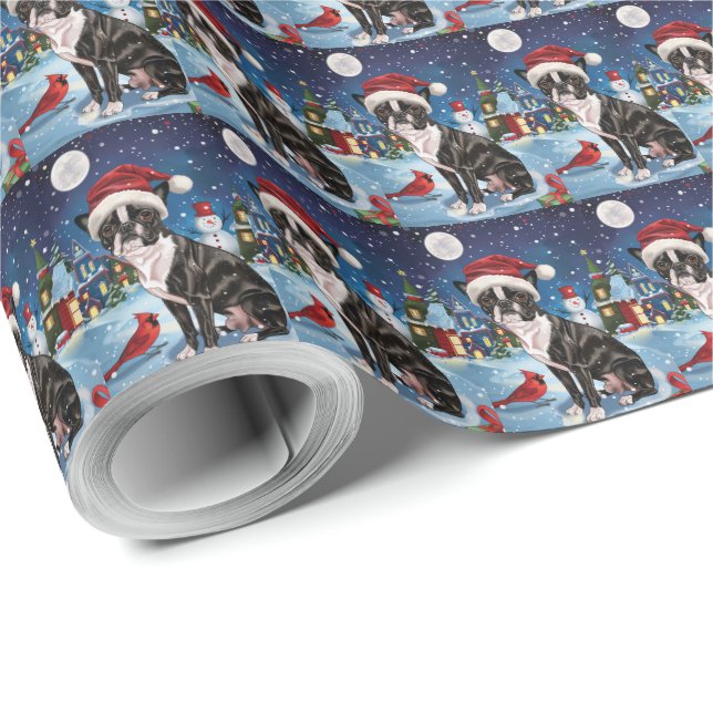 Boston Terrier Dog Winter Wonderland Christmas Joy Wrapping Paper (Roll Corner)