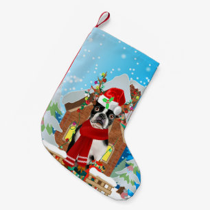 Boston Terrier dog with Christmas gifts Small Christmas Stocking