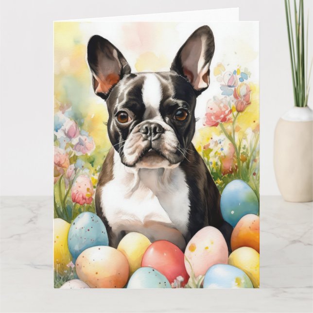 Boston Terrier Dog with Easter Eggs Holiday Card (Front)