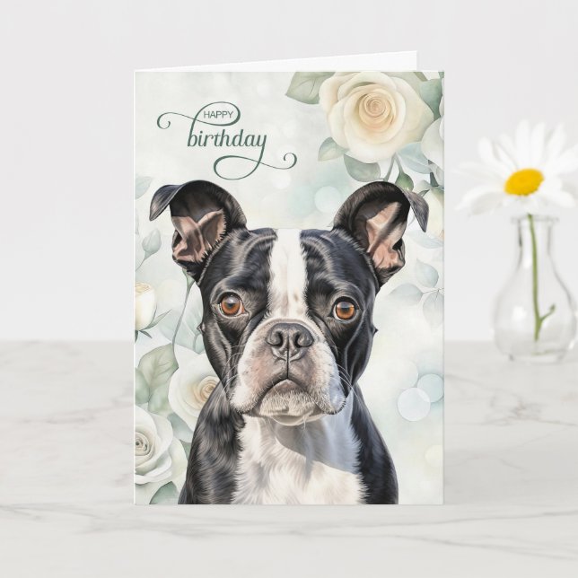 Boston Terrier Dog with White Roses Birthday Card (Small Plant)