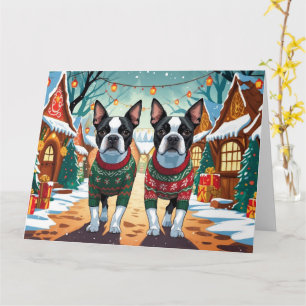 Boston Terrier Dogs Christmas Snow Holiday Card