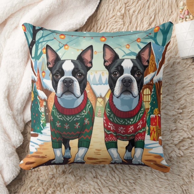Boston Terrier Dogs Christmas Snow Holiday Cushion (Blanket)