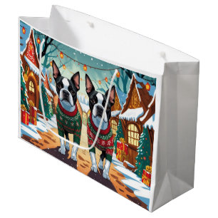 Boston Terrier Dogs Christmas Snow Holiday Large Gift Bag