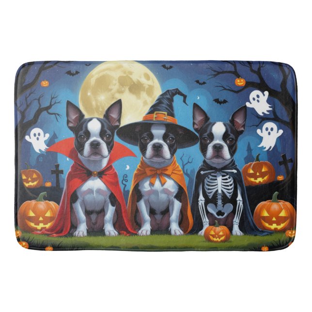 Boston Terrier Dogs Pumpkin Halloween Funny Bath Mat (Front)