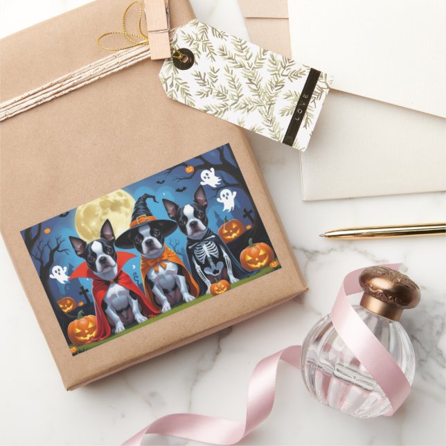 Boston Terrier Dogs Pumpkin Halloween Funny Rectangular Sticker (Gifting)