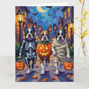 Boston Terrier Dogs Trick-or-Treating in Halloween Card