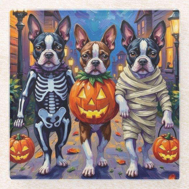 Boston Terrier Dogs Trick-or-Treating in Halloween Glass Coaster (Front)