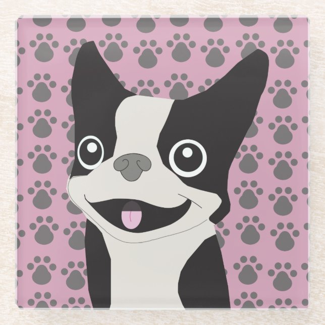 Boston Terrier, Dusty Pink Glass Coaster (Front)