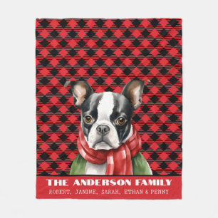 Boston Terrier Family Buffalo Plaid Christmas Fleece Blanket