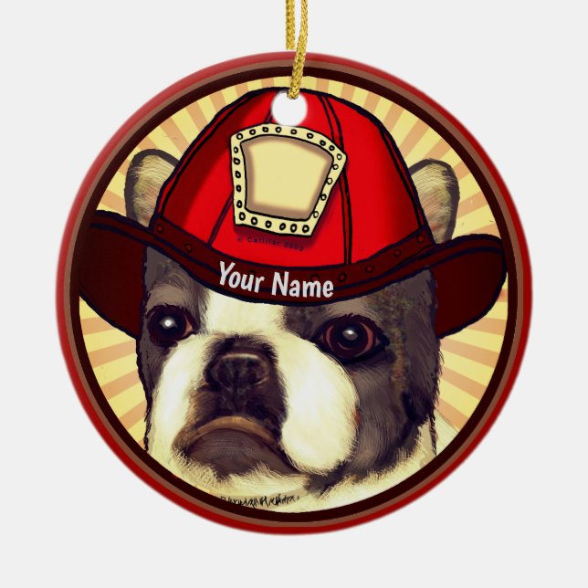 Boston Terrier Firefighter  Ceramic Tree Decoration (Front)