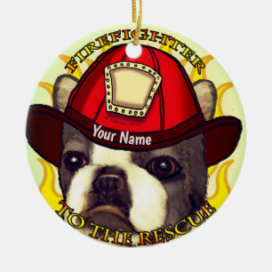 Boston Terrier Firefighter Ceramic Tree Decoration