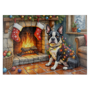 Boston Terrier Fireplace with Christmas Lights Cutting Board