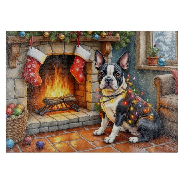 Boston Terrier Fireplace with Christmas Lights Cutting Board (Front)