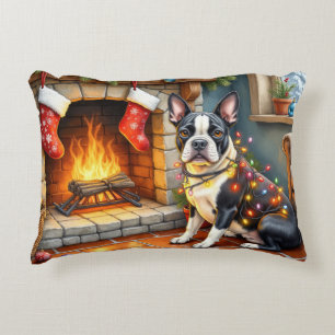 Boston Terrier Fireplace with Christmas Lights Decorative Cushion