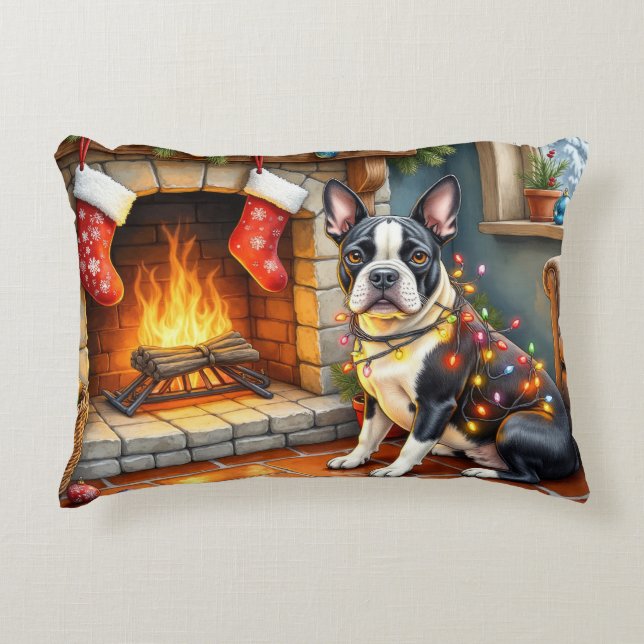 Boston Terrier Fireplace with Christmas Lights Decorative Cushion (Front)