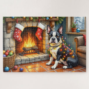 Boston Terrier Fireplace with Christmas Lights Jigsaw Puzzle