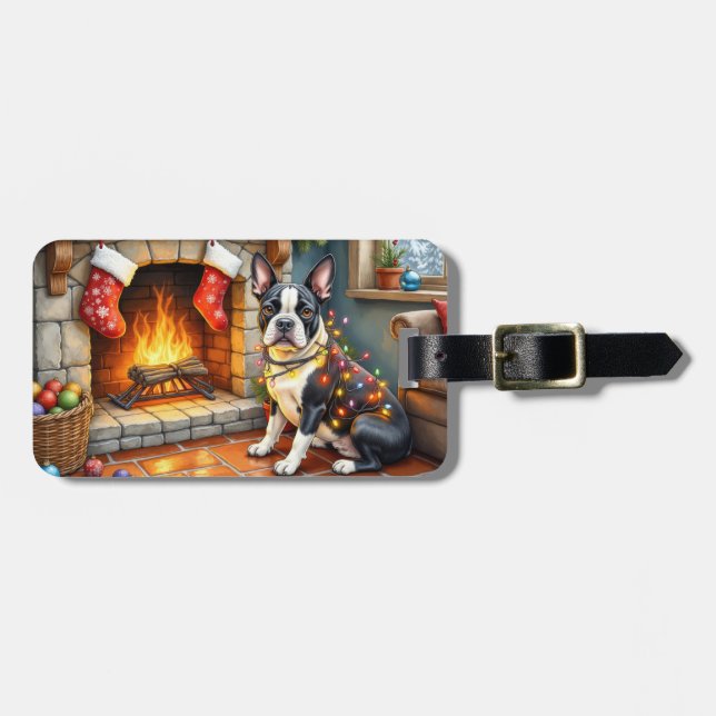 Boston Terrier Fireplace with Christmas Lights Luggage Tag (Front Horizontal)