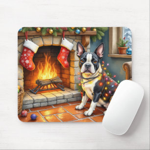 Boston Terrier Fireplace with Christmas Lights Mouse Pad