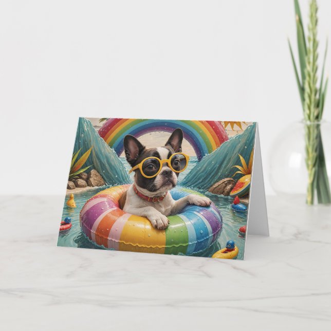 Boston Terrier Floating on a Summer Day Card (Front)