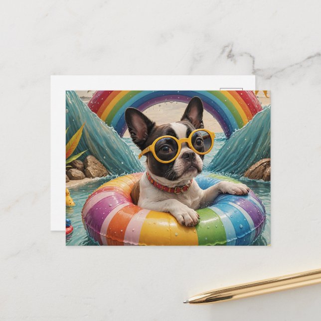 Boston Terrier Floating on a Summer Day Postcard (Front/Back In Situ)