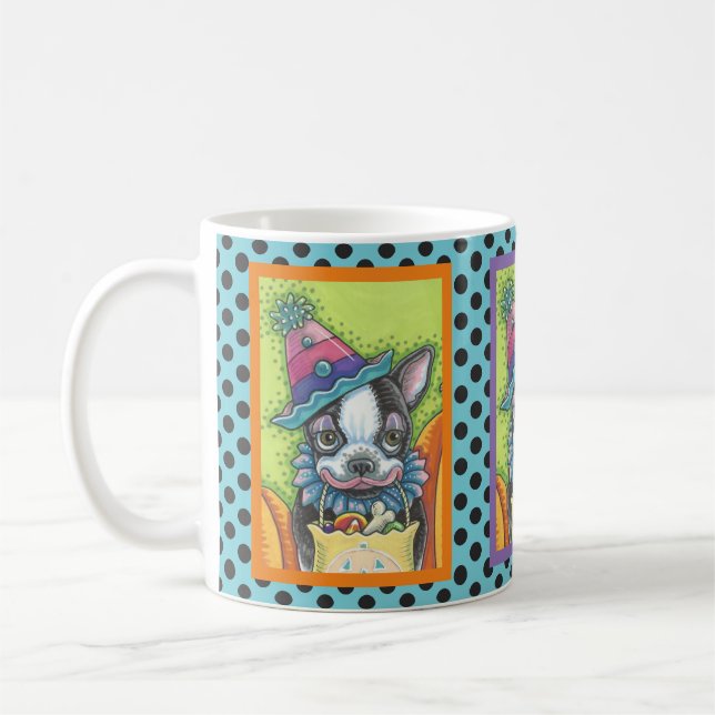 BOSTON TERRIER HALLOWEEN CLOWN, CLASSIC DOG MUG (Left)