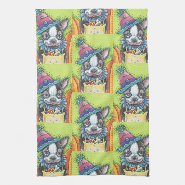 BOSTON TERRIER HALLOWEEN CLOWN, DOG KITCHEN TOWEL (Vertical)
