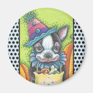 BOSTON TERRIER HALLOWEEN CLOWN, DOG MAGNET Round