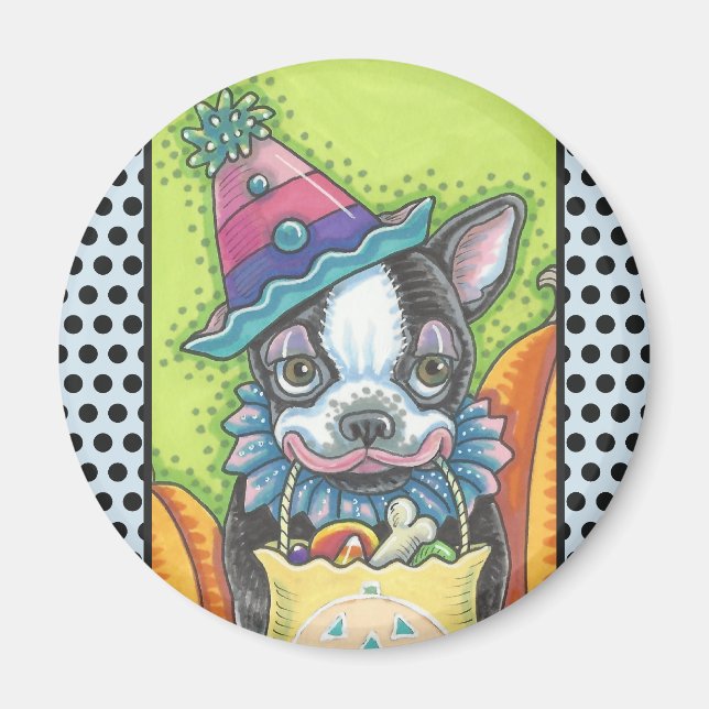 BOSTON TERRIER HALLOWEEN CLOWN, DOG MAGNET Round (Front)