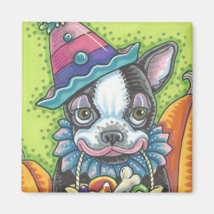 BOSTON TERRIER HALLOWEEN CLOWN, DOG MAGNET Square